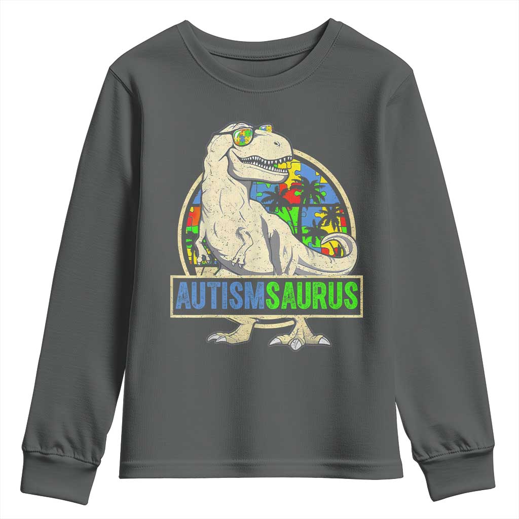 Funny Autism Awareness Dinosaur Youth Sweatshirt Autismsaurus Puzzle Pieces