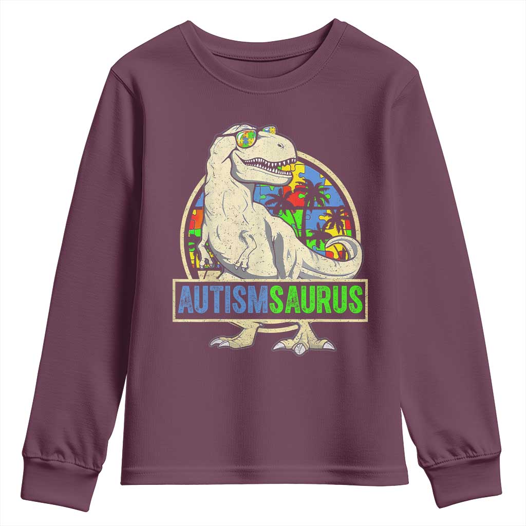 Funny Autism Awareness Dinosaur Youth Sweatshirt Autismsaurus Puzzle Pieces