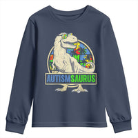 Funny Autism Awareness Dinosaur Youth Sweatshirt Autismsaurus Puzzle Pieces