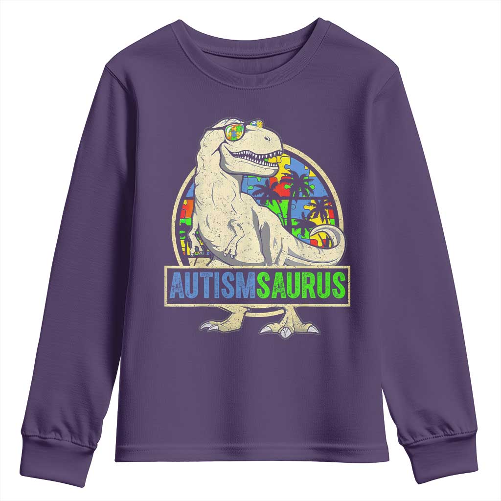 Funny Autism Awareness Dinosaur Youth Sweatshirt Autismsaurus Puzzle Pieces