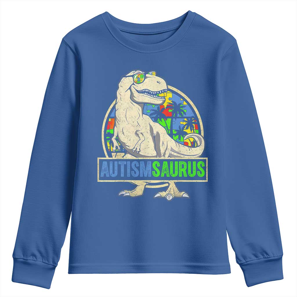 Funny Autism Awareness Dinosaur Youth Sweatshirt Autismsaurus Puzzle Pieces