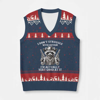 Funny Autism Awareness Cowboy Raccoon V-Neck Knit Sweater Vest I Don't Struggle With Autism I'm Actually Very Good At It
