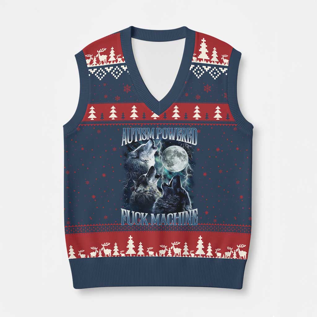 Funny Autism Powered Fuck Machine V-Neck Knit Sweater Vest Autism Quote Alpha Wolf