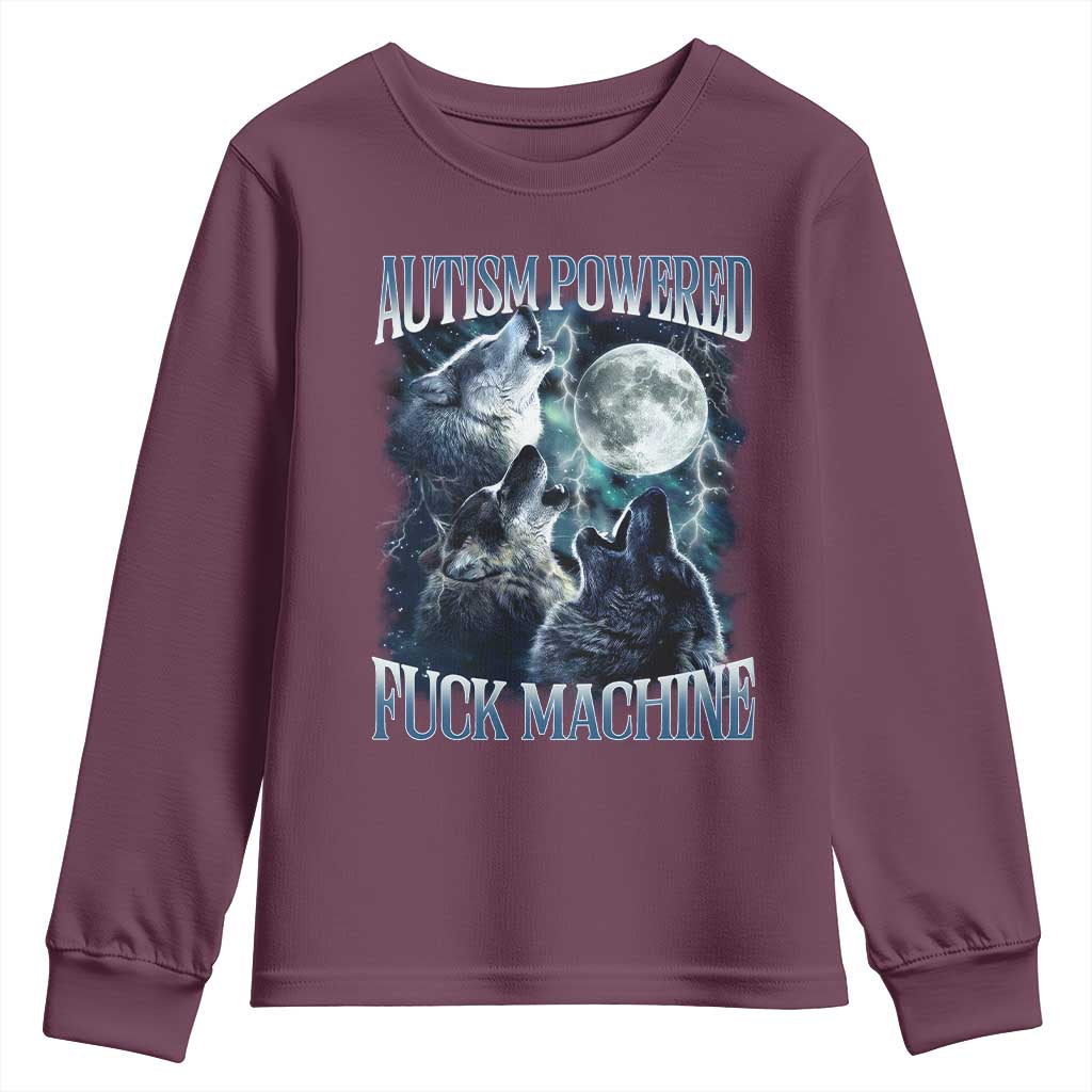 Funny Autism Powered Fuck Machine Youth Sweatshirt Autism Quote Alpha Wolf