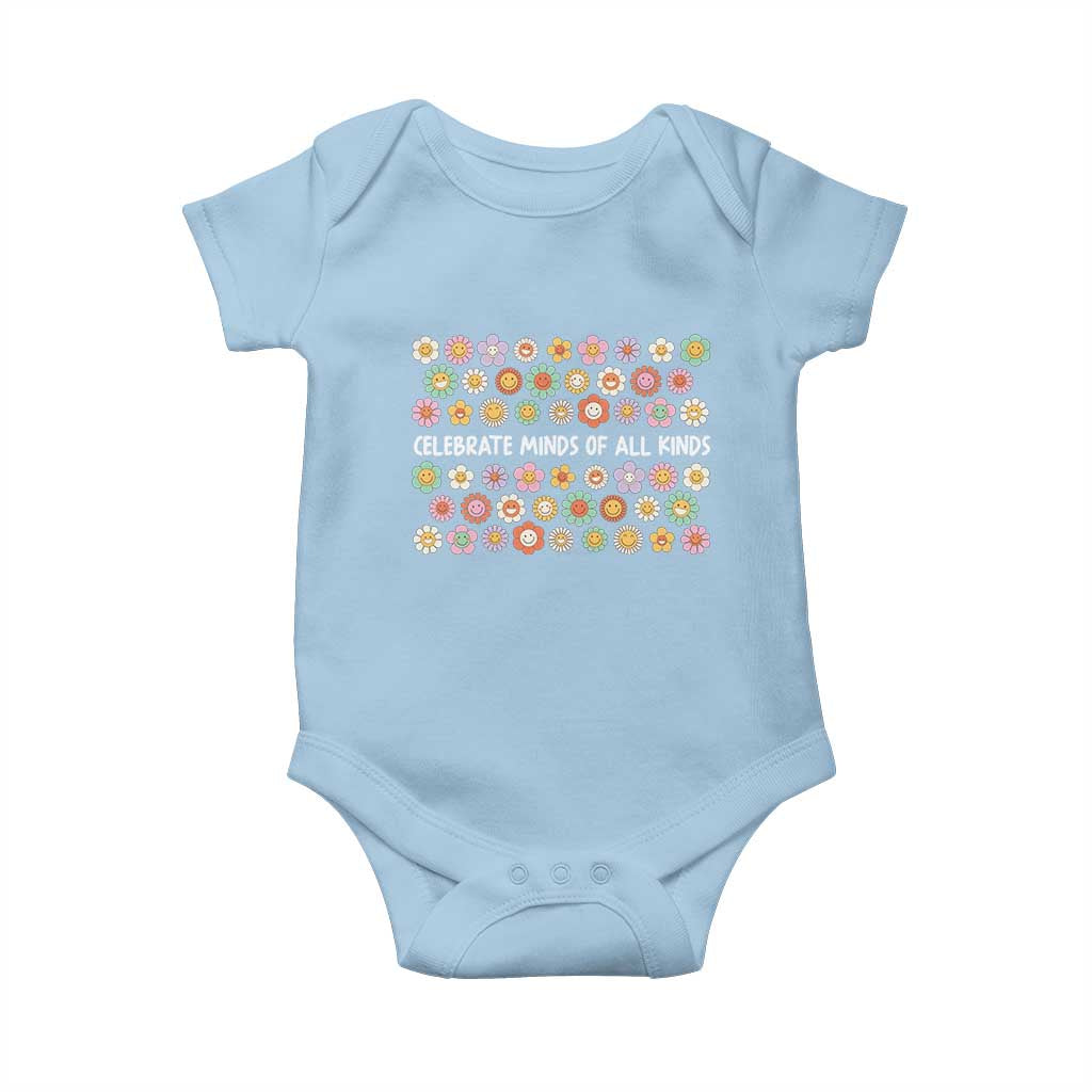 Funny Celebrate Minds Of All Kinds Baby Onesie Autism Awareness Retro Flower