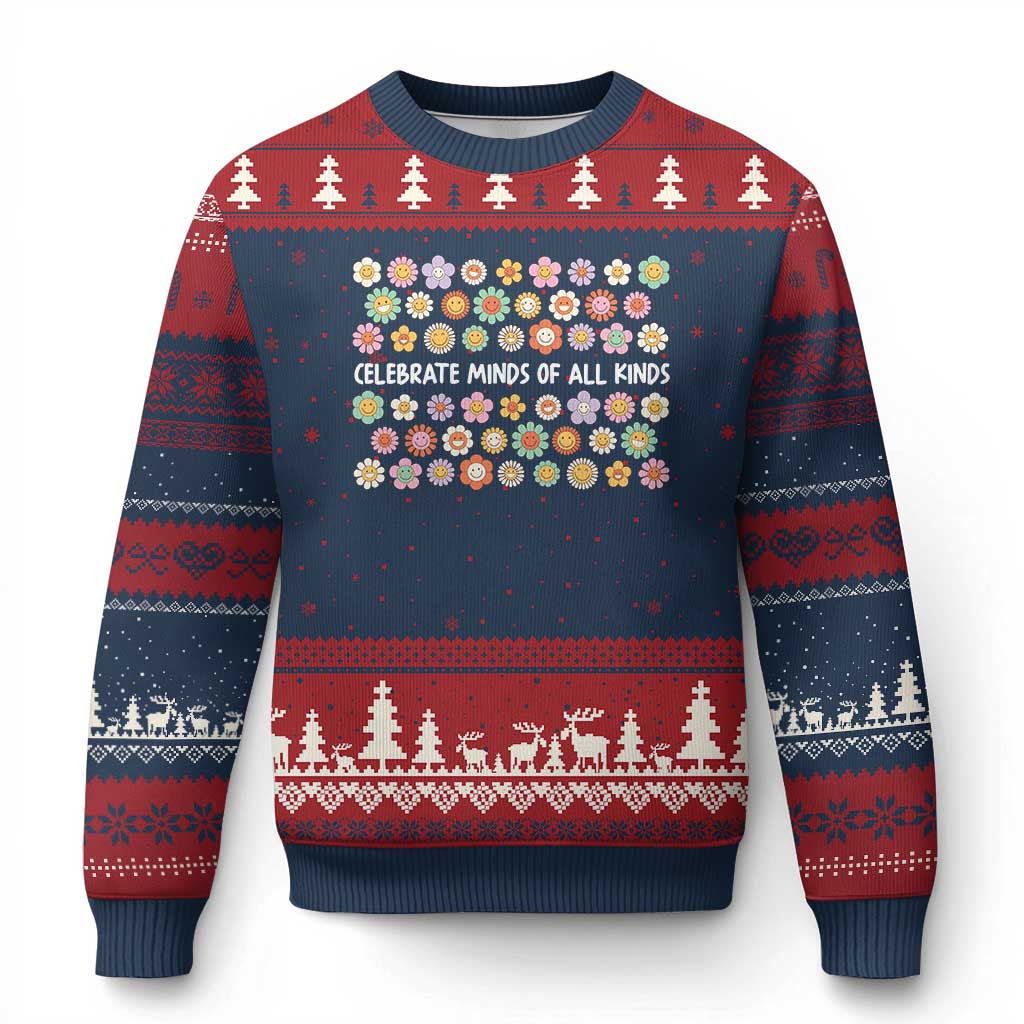 Funny Celebrate Minds Of All Kinds Ugly Christmas Sweater Autism Awareness Retro Flower