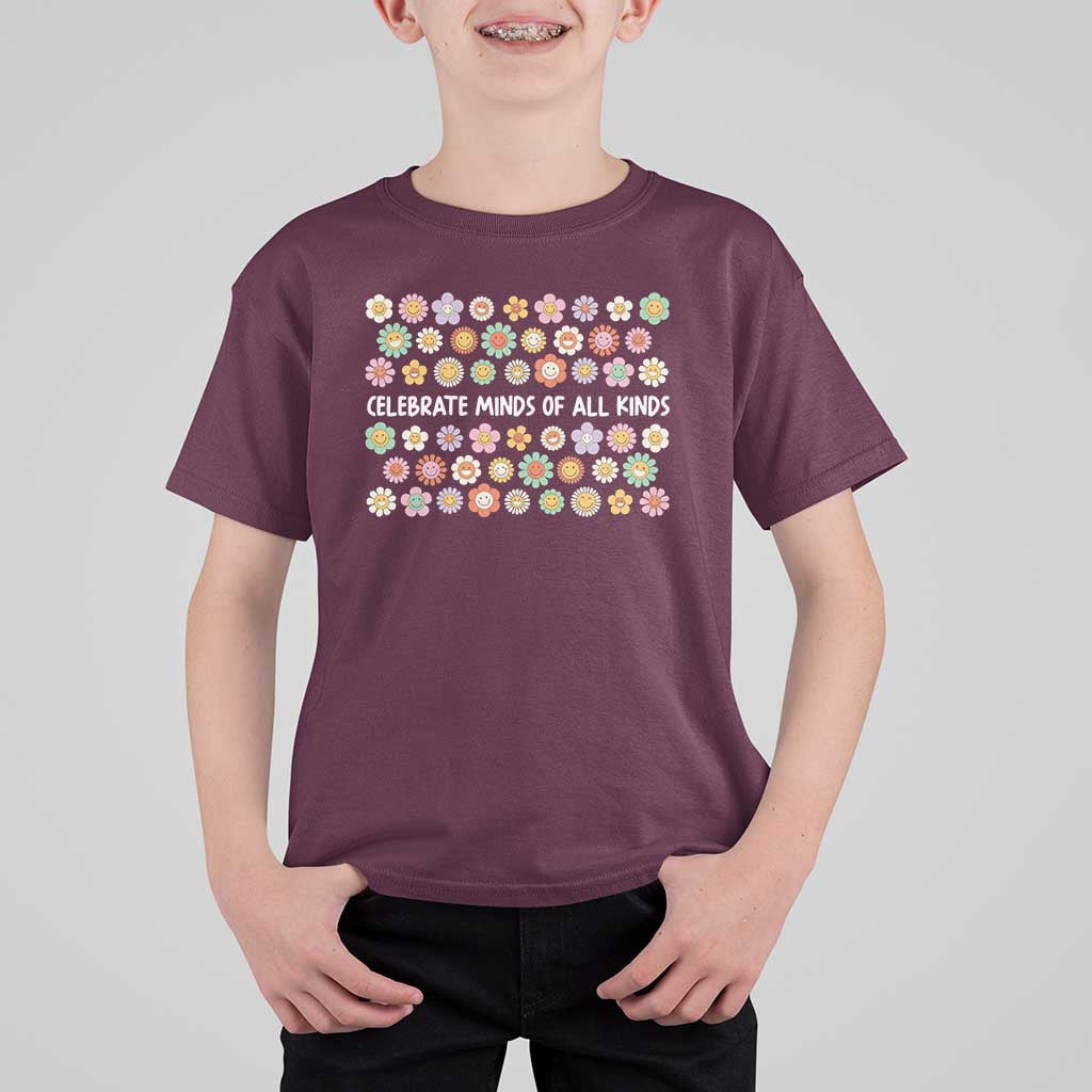 Funny Celebrate Minds Of All Kinds T Shirt For Kid Autism Awareness Retro Flower