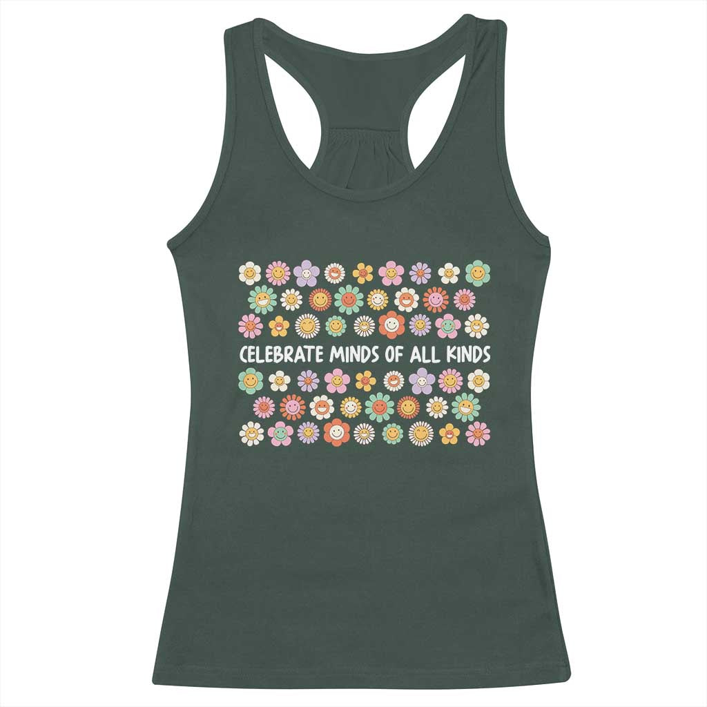 Funny Celebrate Minds Of All Kinds Racerback Tank Top Autism Awareness Retro Flower