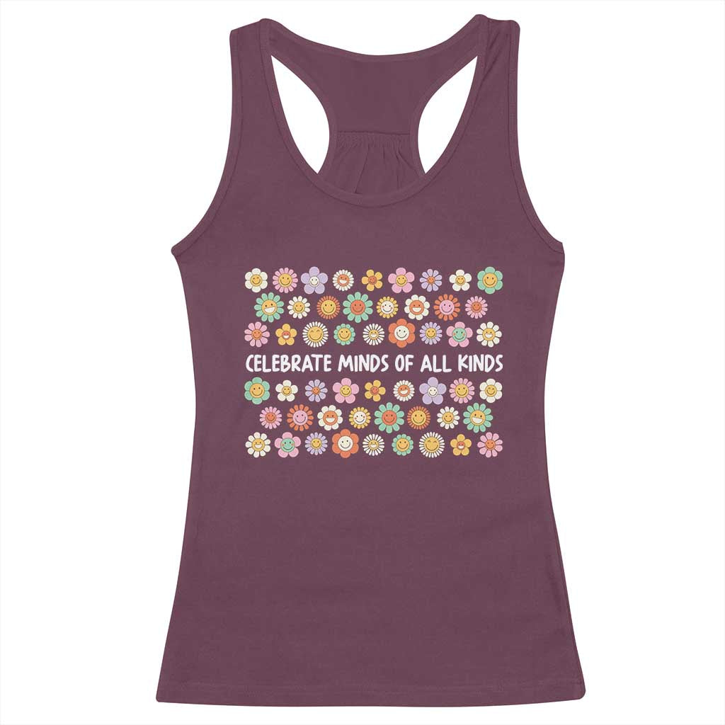 Funny Celebrate Minds Of All Kinds Racerback Tank Top Autism Awareness Retro Flower