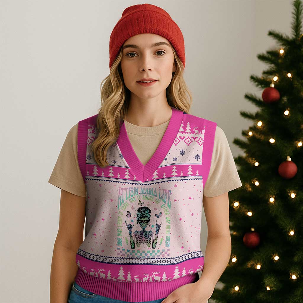 Funny Autism Mama Life V-Neck Knit Sweater Vest Some Days I Rock It Some Days It Rock Me Autism Awareness Skeleton