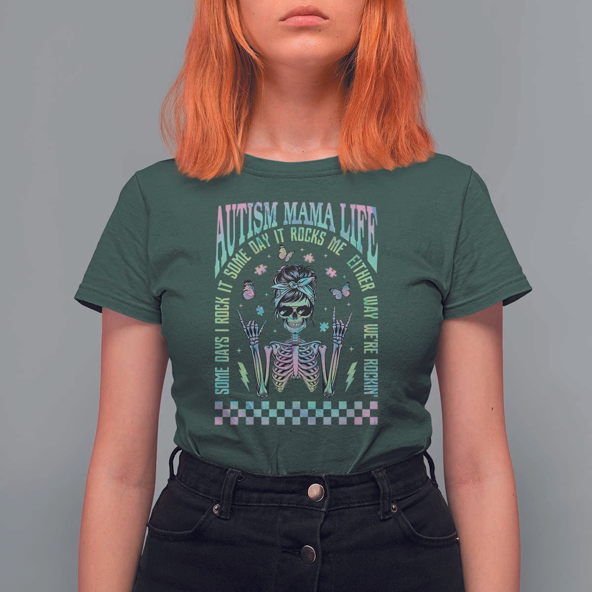 Funny Autism Mama Life T Shirt For Women Some Days I Rock It Some Days It Rock Me Autism Awareness Skeleton