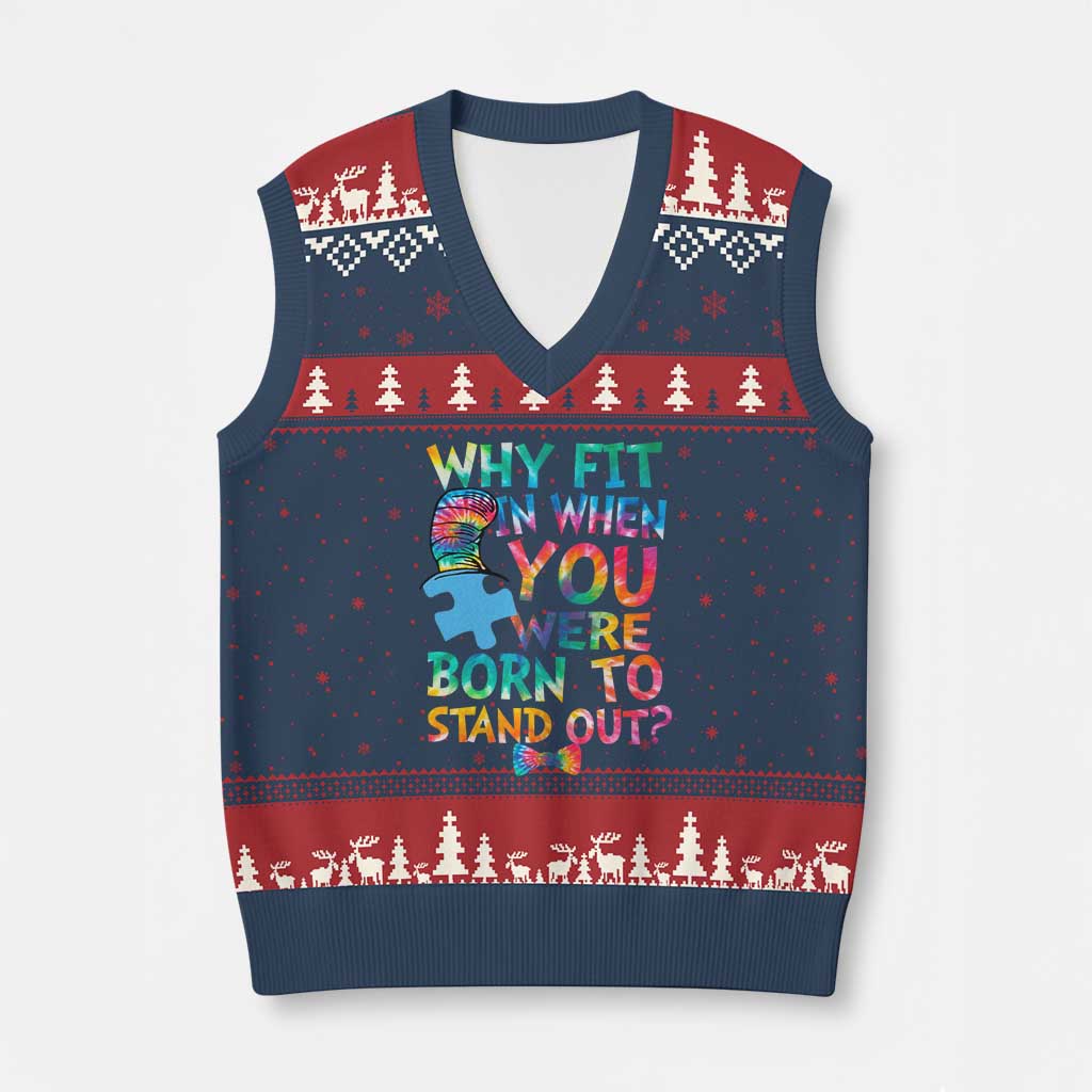 Funny Autism Awareness V-Neck Knit Sweater Vest Why Fit In When You Were Born To Stand Out Puzzle
