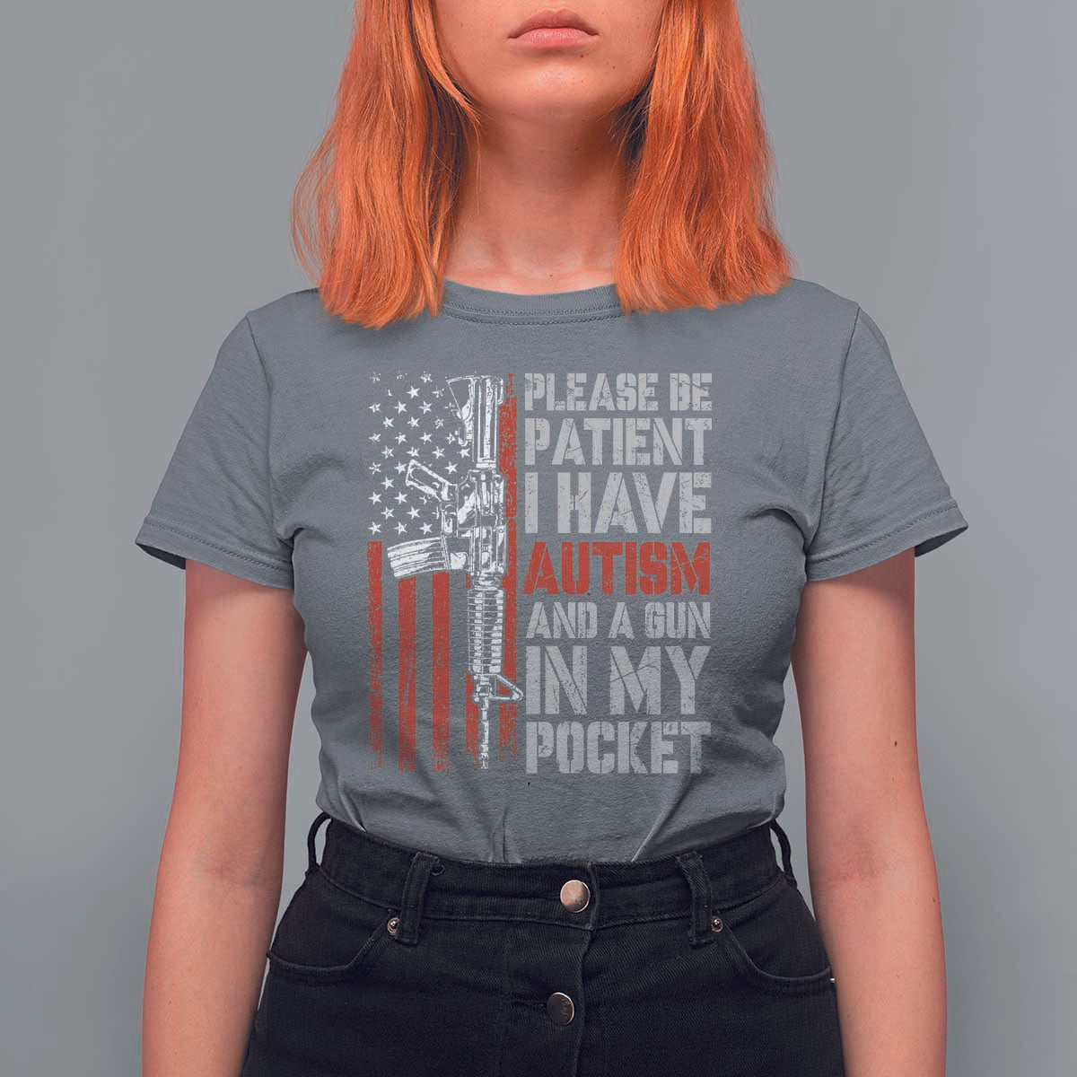 Funny Please Be Patient I Have Autism And A Gun In My Pocket T Shirt For Women Autism Awareness Vintage American Flag