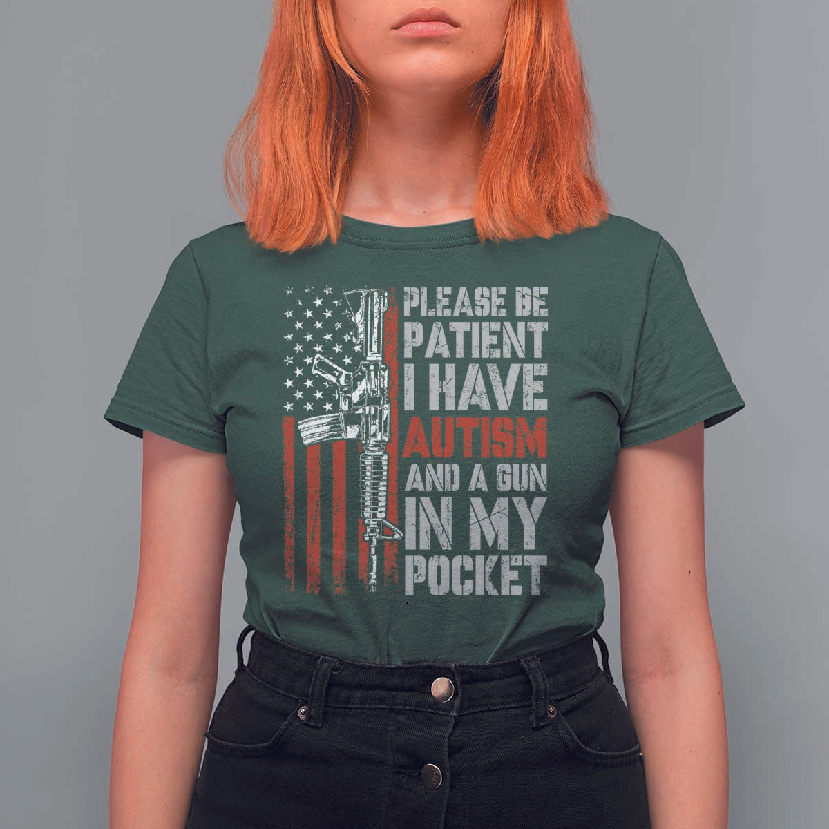 Funny Please Be Patient I Have Autism And A Gun In My Pocket T Shirt For Women Autism Awareness Vintage American Flag