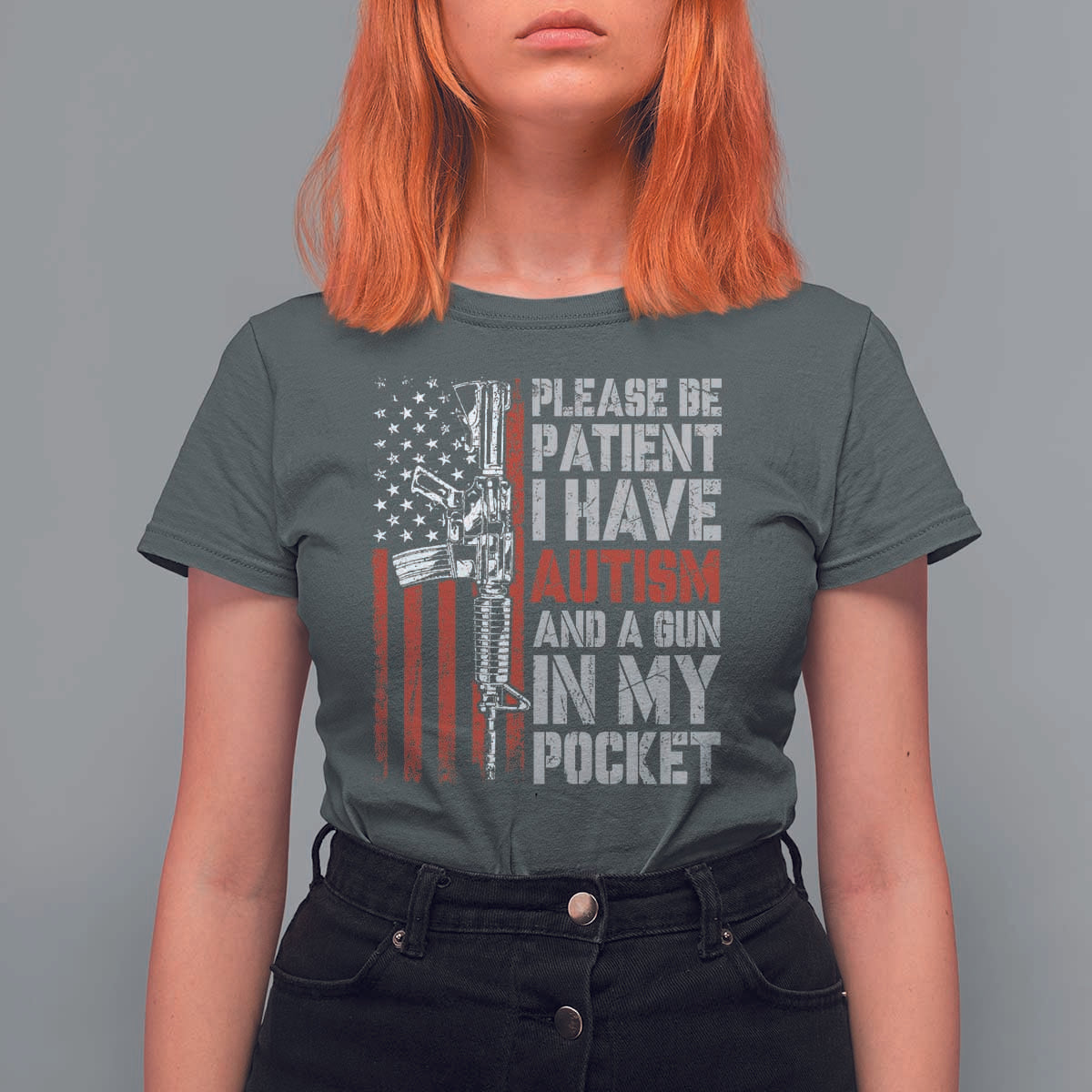 Funny Please Be Patient I Have Autism And A Gun In My Pocket T Shirt For Women Autism Awareness Vintage American Flag