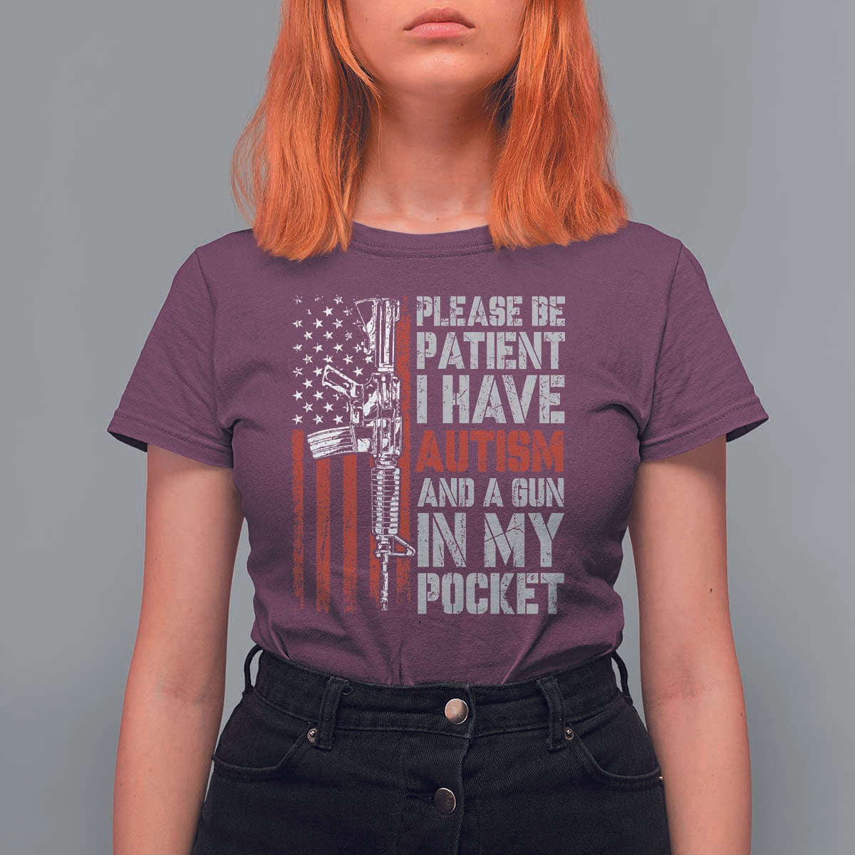 Funny Please Be Patient I Have Autism And A Gun In My Pocket T Shirt For Women Autism Awareness Vintage American Flag