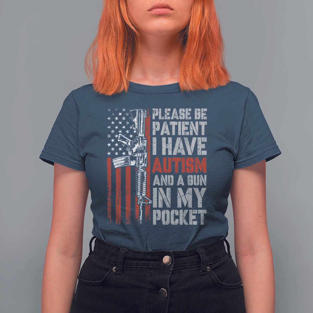 Funny Please Be Patient I Have Autism And A Gun In My Pocket T Shirt For Women Autism Awareness Vintage American Flag