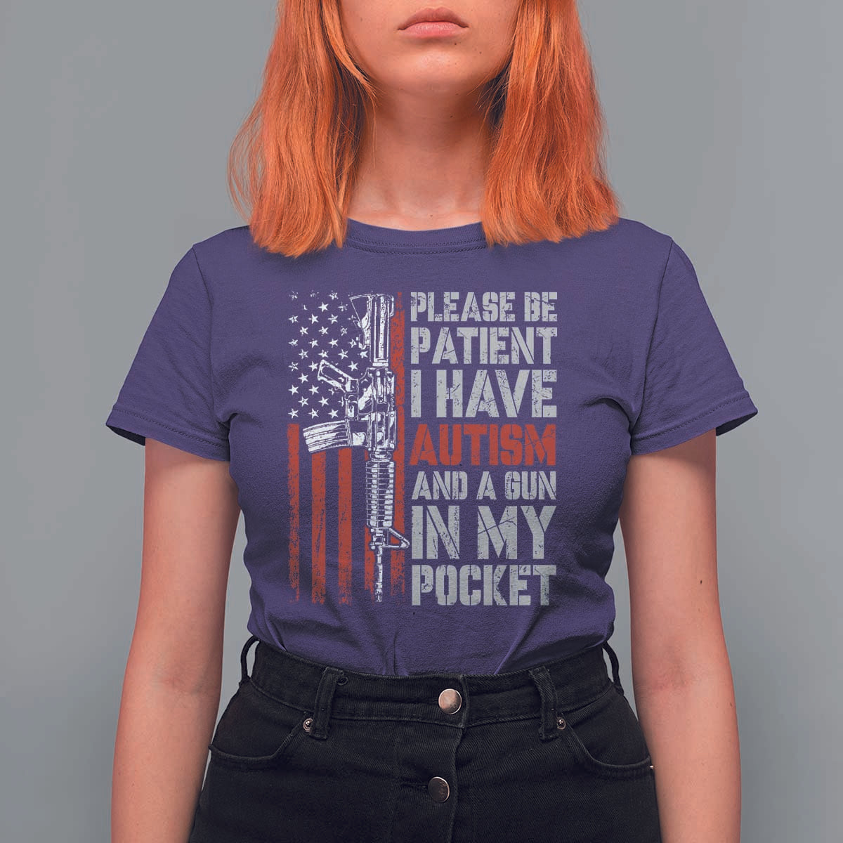 Funny Please Be Patient I Have Autism And A Gun In My Pocket T Shirt For Women Autism Awareness Vintage American Flag