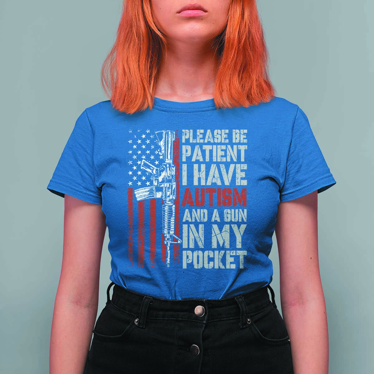Funny Please Be Patient I Have Autism And A Gun In My Pocket T Shirt For Women Autism Awareness Vintage American Flag