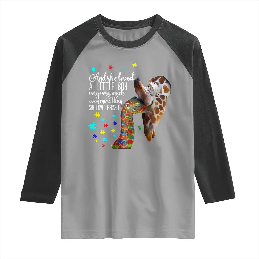 And She Loved A Little Boy Very Much Even More Than She Loved Herself Raglan Shirt Autism Awareness Giraffes