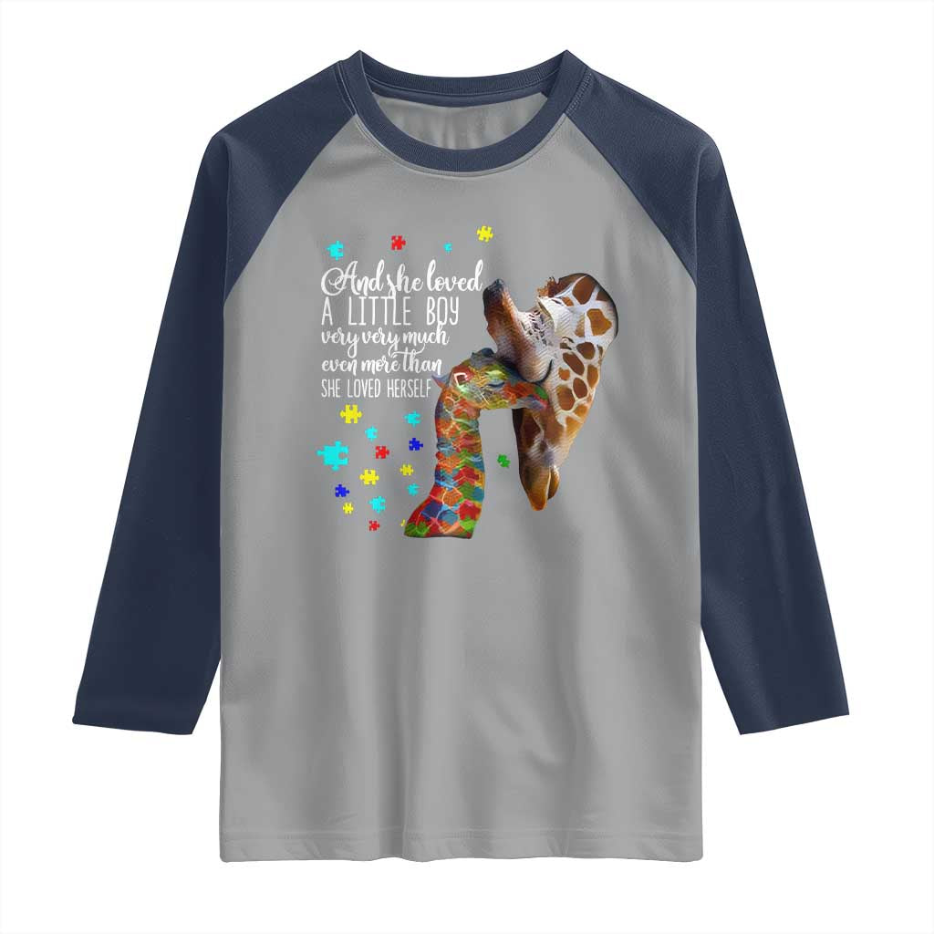 And She Loved A Little Boy Very Much Even More Than She Loved Herself Raglan Shirt Autism Awareness Giraffes