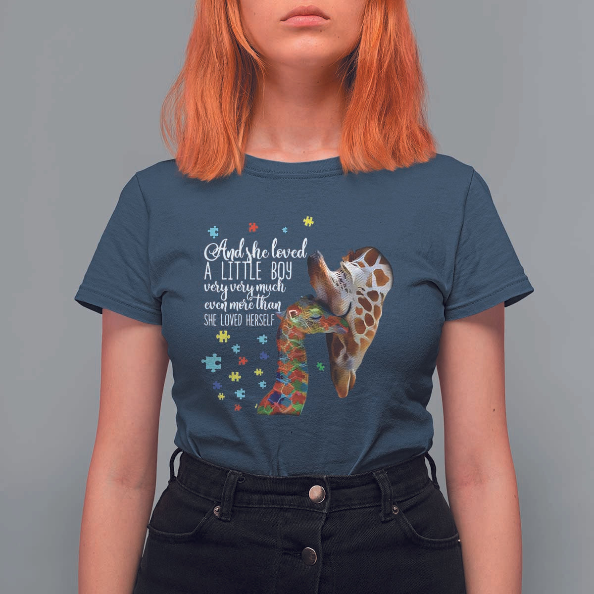 And She Loved A Little Boy Very Much Even More Than She Loved Herself T Shirt For Women Autism Awareness Giraffes