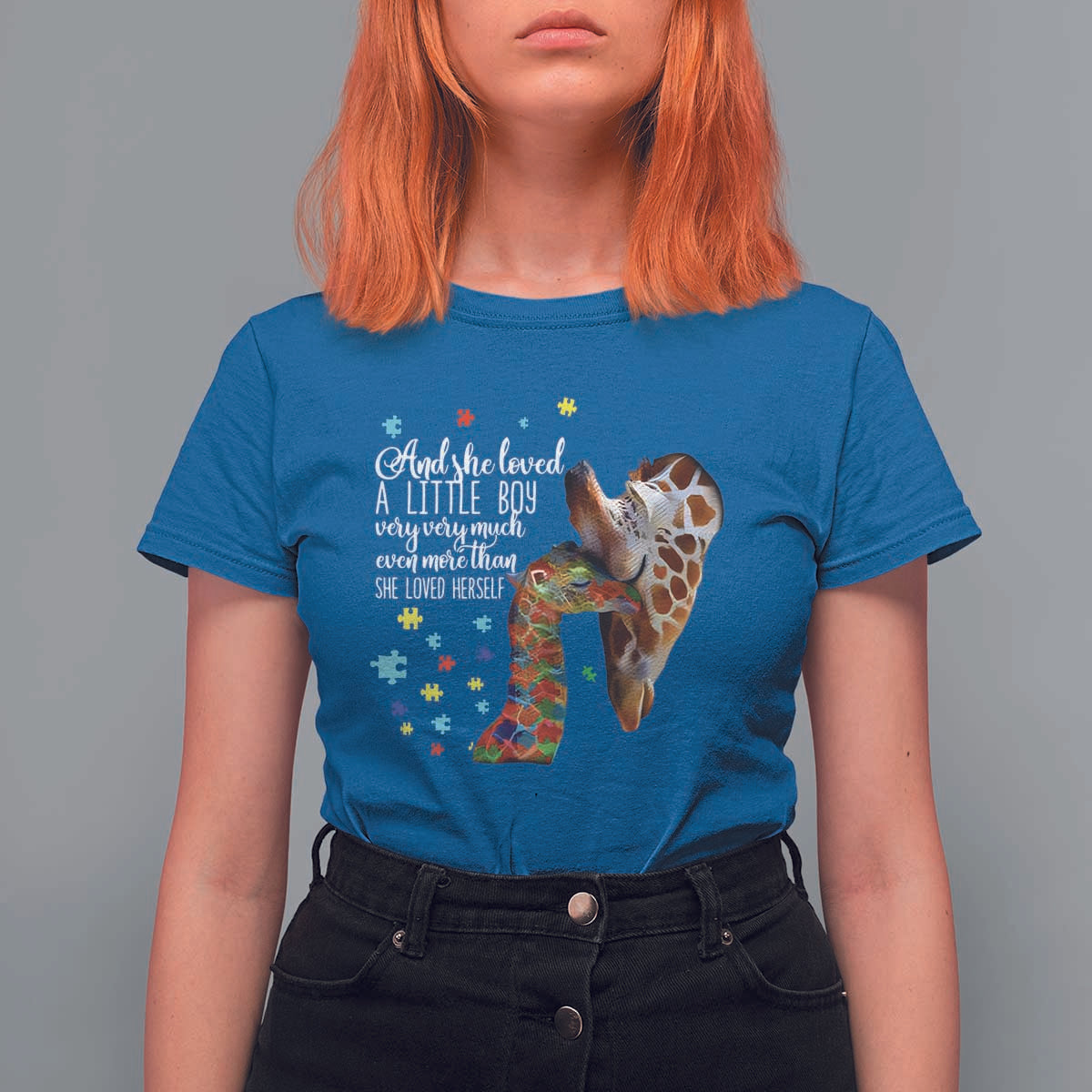 And She Loved A Little Boy Very Much Even More Than She Loved Herself T Shirt For Women Autism Awareness Giraffes