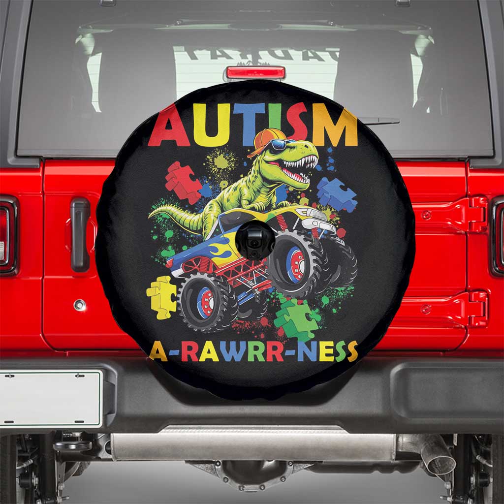 Funny Autism Awareness Dinosaur Spare Tire Cover Autism Arawrrness Monster Truck Puzzle Pieces
