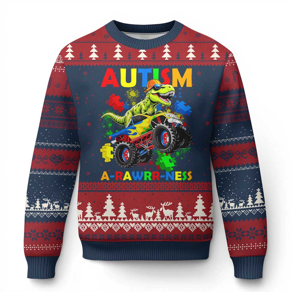 Funny Autism Awareness Dinosaur Ugly Christmas Sweater Autism Arawrrness Monster Truck Puzzle Pieces