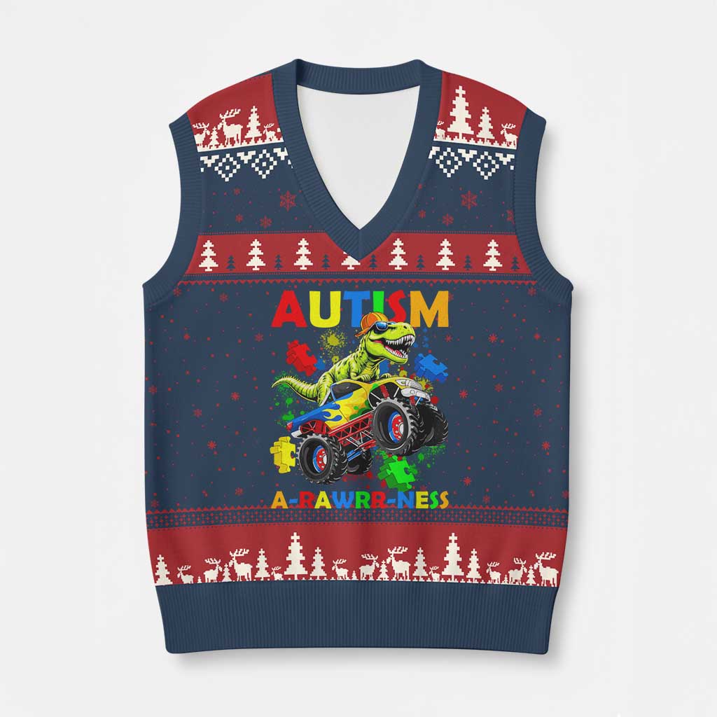 Funny Autism Awareness Dinosaur V-Neck Knit Sweater Vest Autism Arawrrness Monster Truck Puzzle Pieces