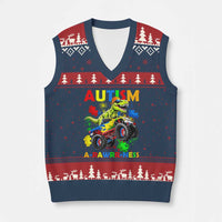 Funny Autism Awareness Dinosaur V-Neck Knit Sweater Vest Autism Arawrrness Monster Truck Puzzle Pieces