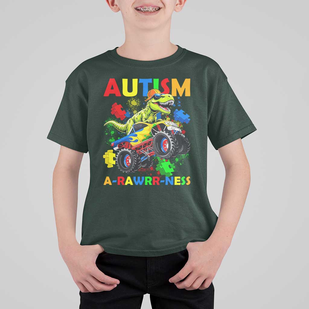 Funny Autism Awareness Dinosaur T Shirt For Kid Autism Arawrrness Monster Truck Puzzle Pieces