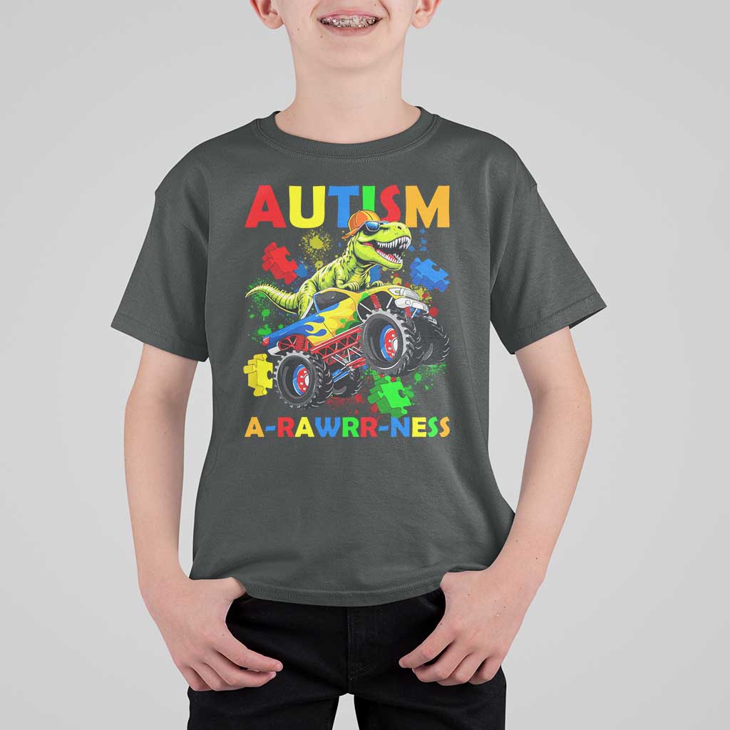 Funny Autism Awareness Dinosaur T Shirt For Kid Autism Arawrrness Monster Truck Puzzle Pieces