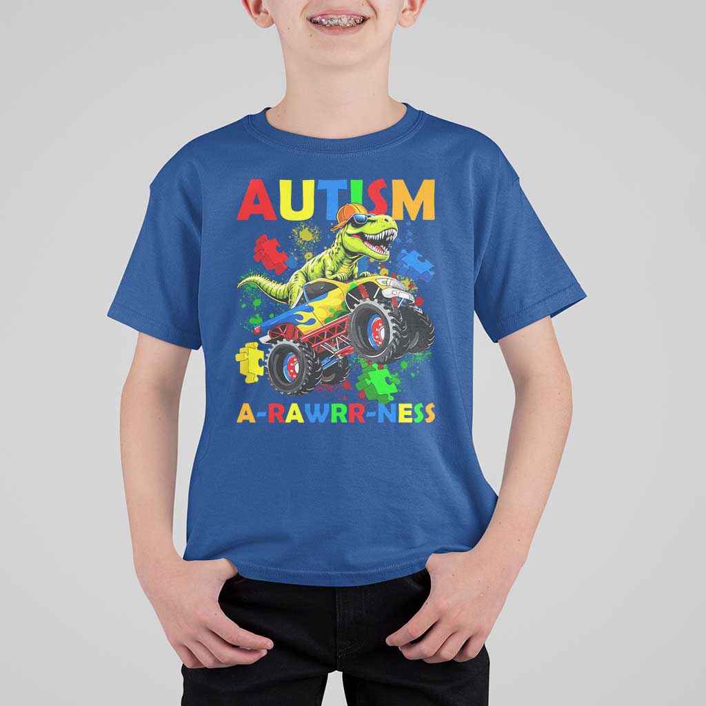 Funny Autism Awareness Dinosaur T Shirt For Kid Autism Arawrrness Monster Truck Puzzle Pieces