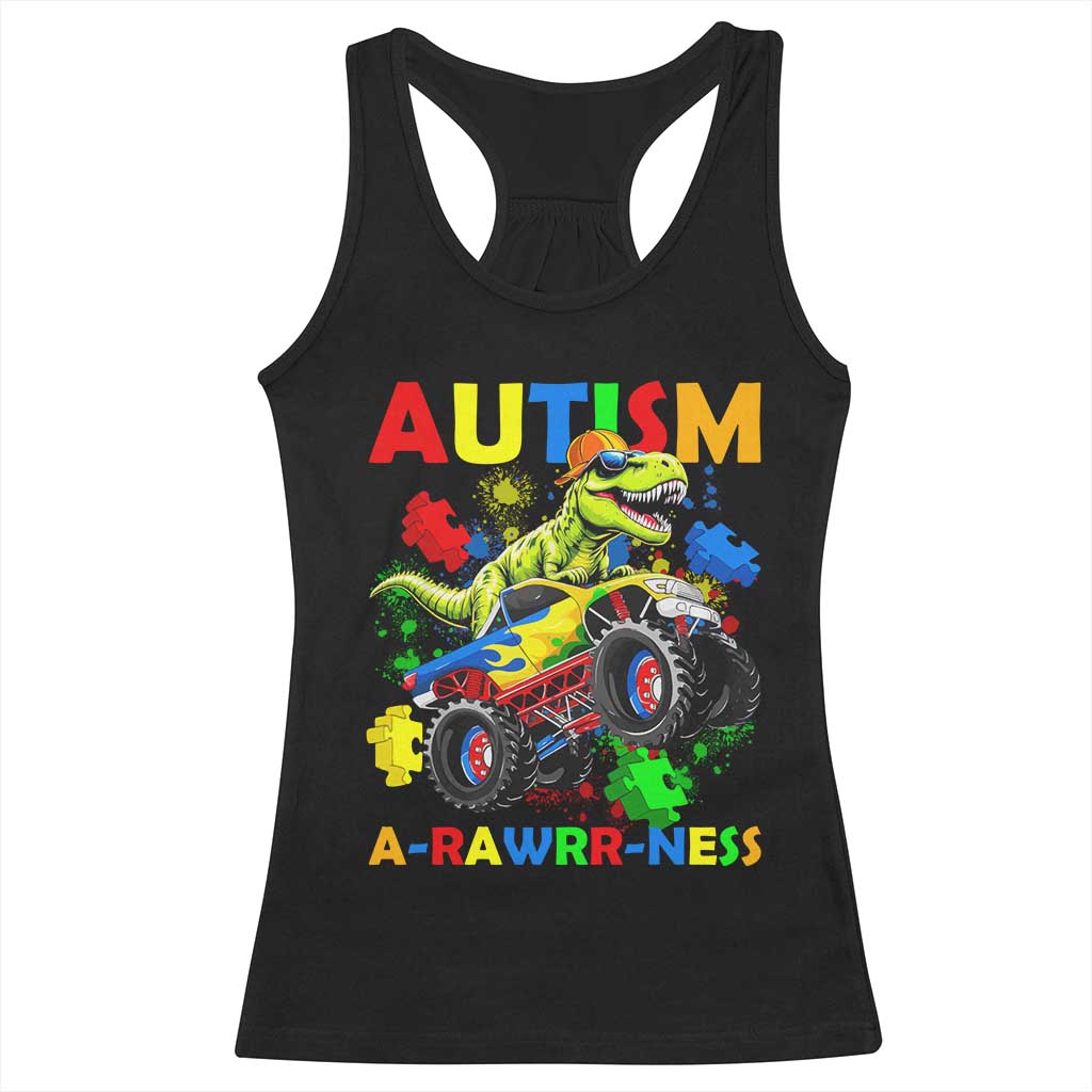 Funny Autism Awareness Dinosaur Racerback Tank Top Autism Arawrrness Monster Truck Puzzle Pieces