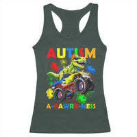 Funny Autism Awareness Dinosaur Racerback Tank Top Autism Arawrrness Monster Truck Puzzle Pieces
