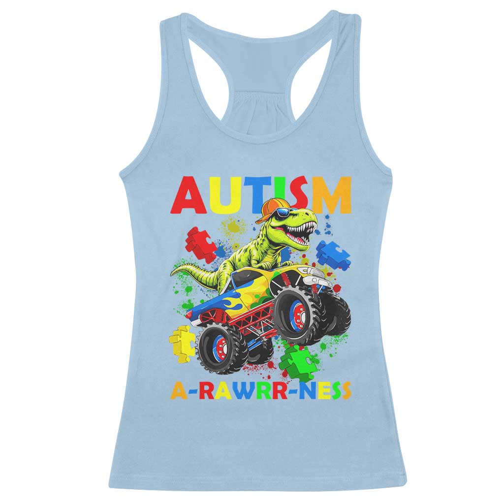 Funny Autism Awareness Dinosaur Racerback Tank Top Autism Arawrrness Monster Truck Puzzle Pieces