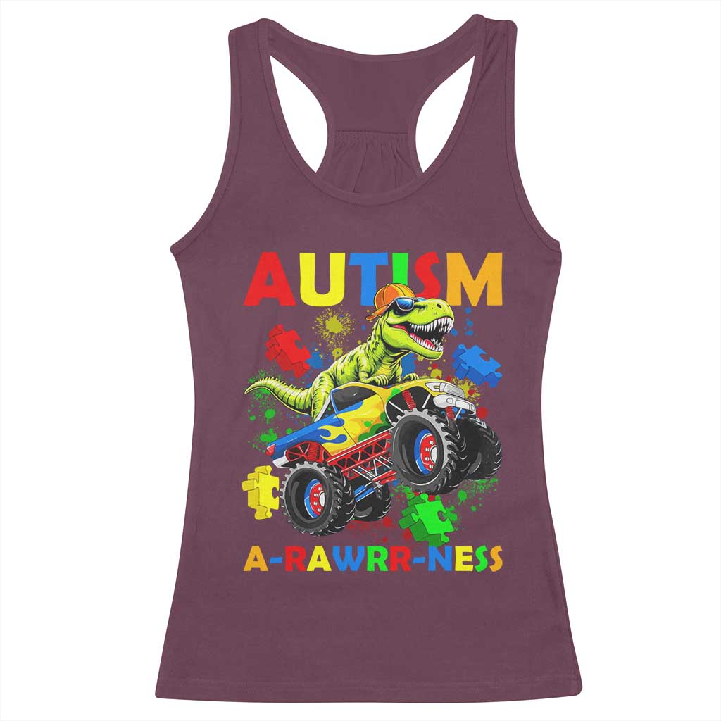 Funny Autism Awareness Dinosaur Racerback Tank Top Autism Arawrrness Monster Truck Puzzle Pieces