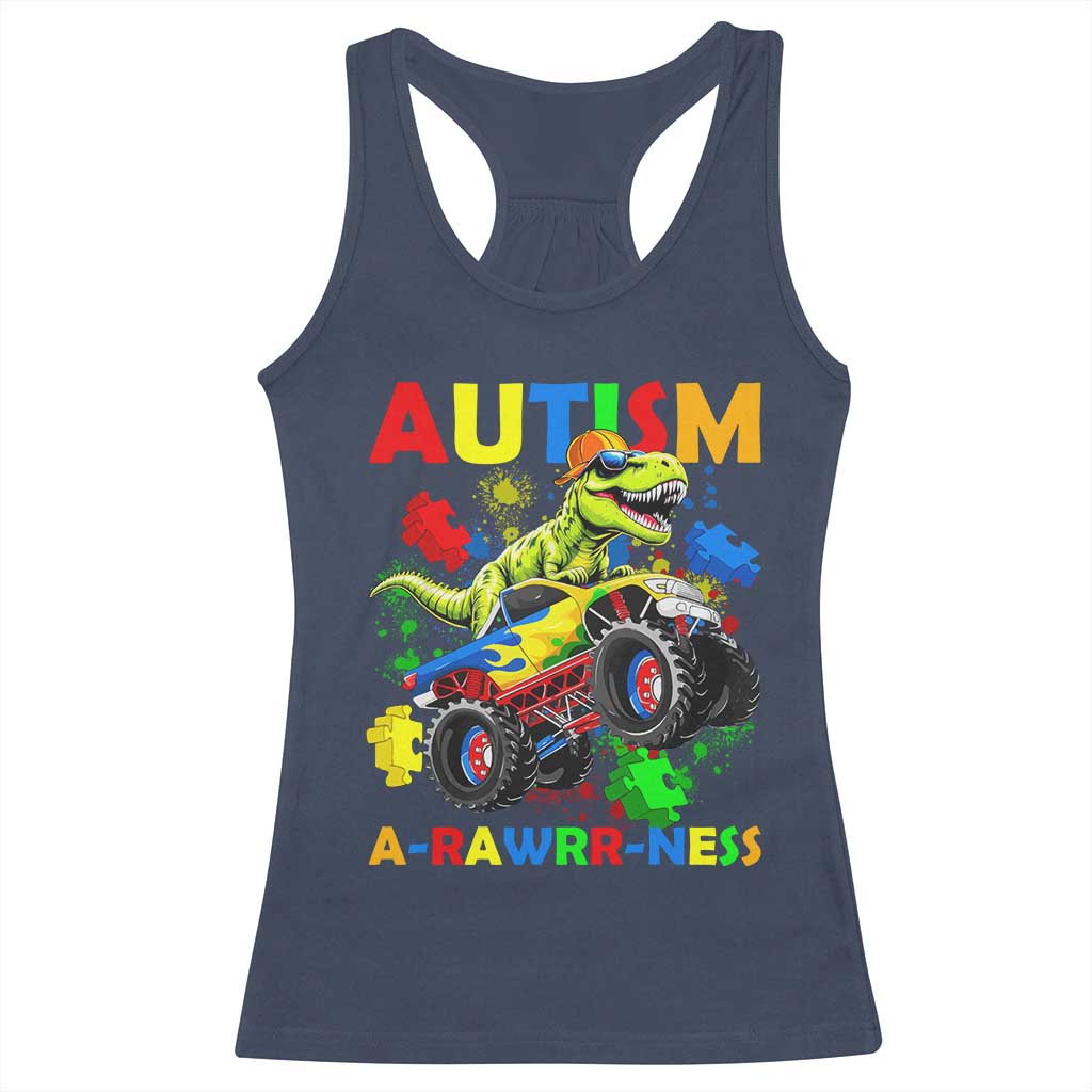 Funny Autism Awareness Dinosaur Racerback Tank Top Autism Arawrrness Monster Truck Puzzle Pieces