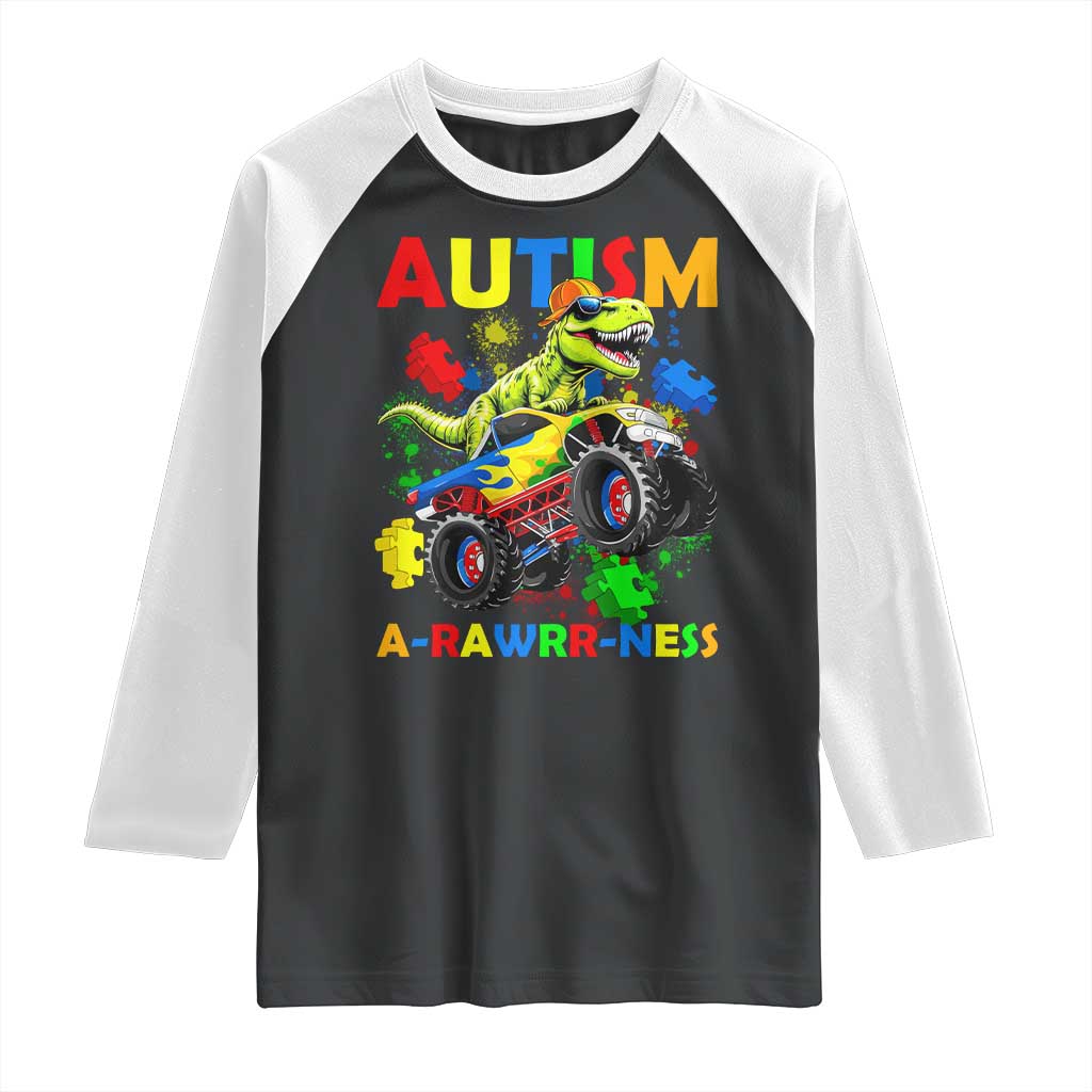 Funny Autism Awareness Dinosaur Raglan Shirt Autism Arawrrness Monster Truck Puzzle Pieces