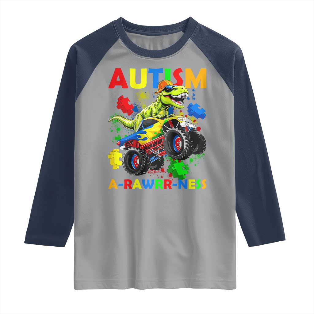 Funny Autism Awareness Dinosaur Raglan Shirt Autism Arawrrness Monster Truck Puzzle Pieces