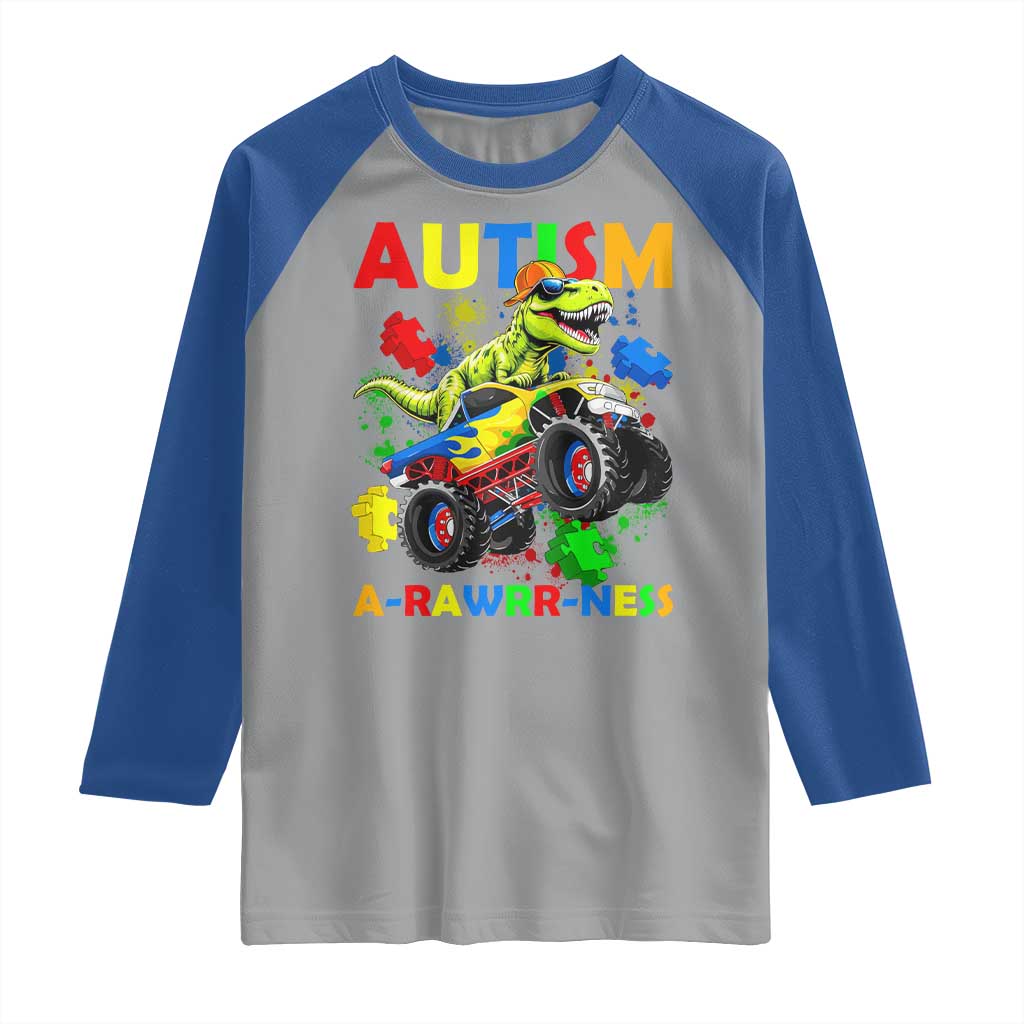 Funny Autism Awareness Dinosaur Raglan Shirt Autism Arawrrness Monster Truck Puzzle Pieces