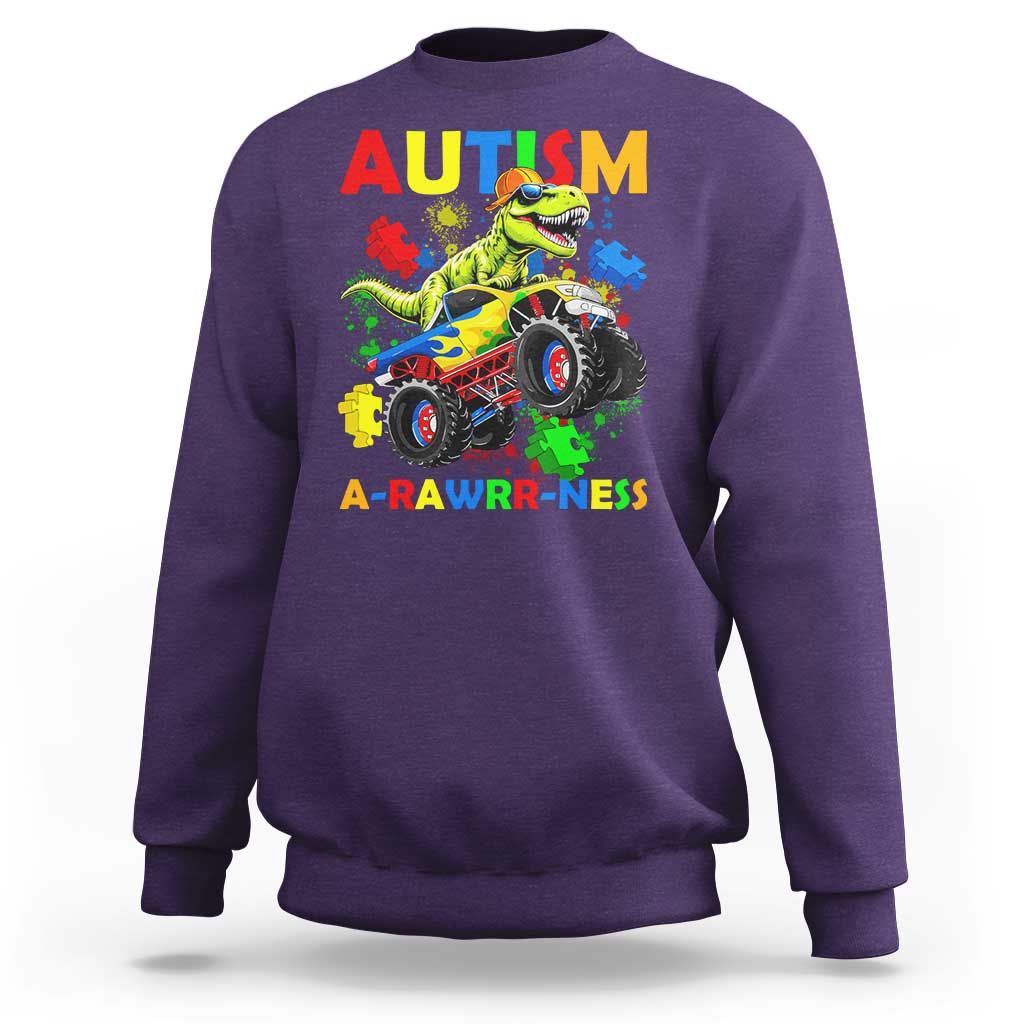Funny Autism Awareness Dinosaur Sweatshirt Autism Arawrrness Monster Truck Puzzle Pieces