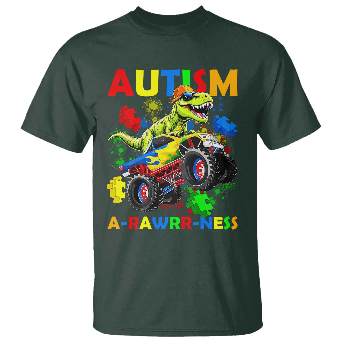 Funny Autism Awareness Dinosaur T Shirt Autism Arawrrness Monster Truck Puzzle Pieces