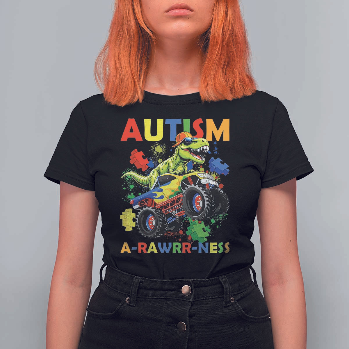 Funny Autism Awareness Dinosaur T Shirt For Women Autism Arawrrness Monster Truck Puzzle Pieces