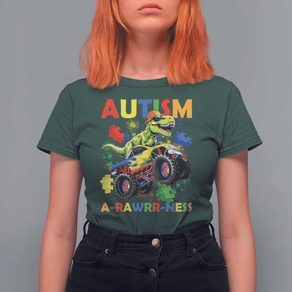 Funny Autism Awareness Dinosaur T Shirt For Women Autism Arawrrness Monster Truck Puzzle Pieces