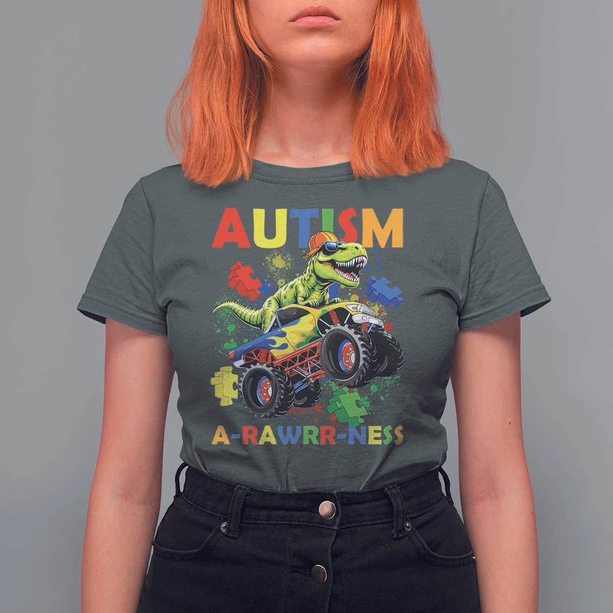 Funny Autism Awareness Dinosaur T Shirt For Women Autism Arawrrness Monster Truck Puzzle Pieces