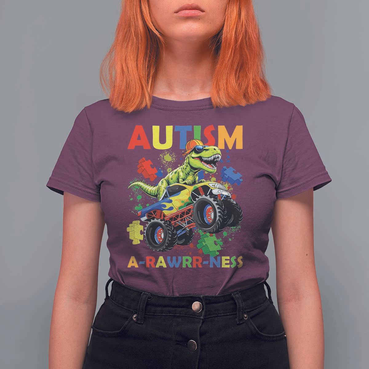 Funny Autism Awareness Dinosaur T Shirt For Women Autism Arawrrness Monster Truck Puzzle Pieces