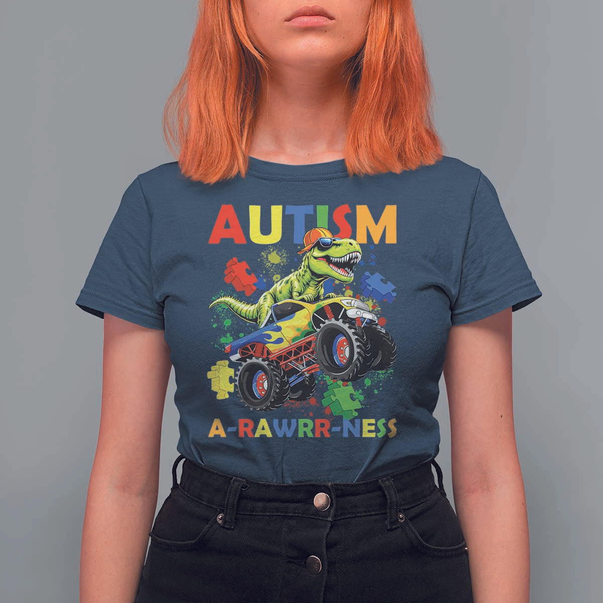 Funny Autism Awareness Dinosaur T Shirt For Women Autism Arawrrness Monster Truck Puzzle Pieces
