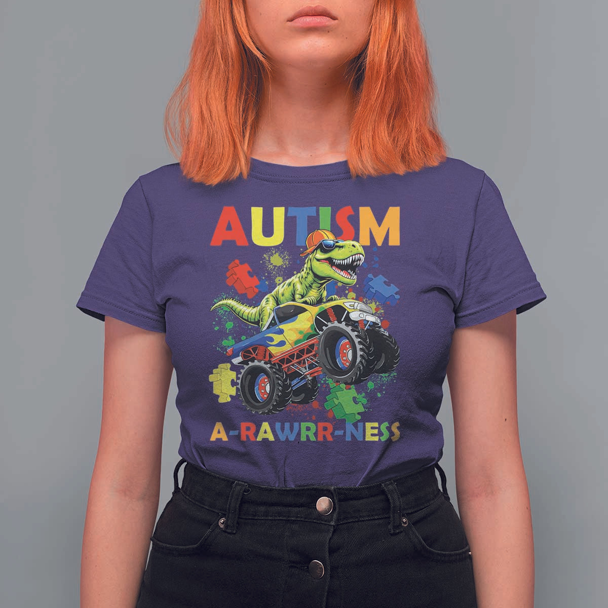 Funny Autism Awareness Dinosaur T Shirt For Women Autism Arawrrness Monster Truck Puzzle Pieces